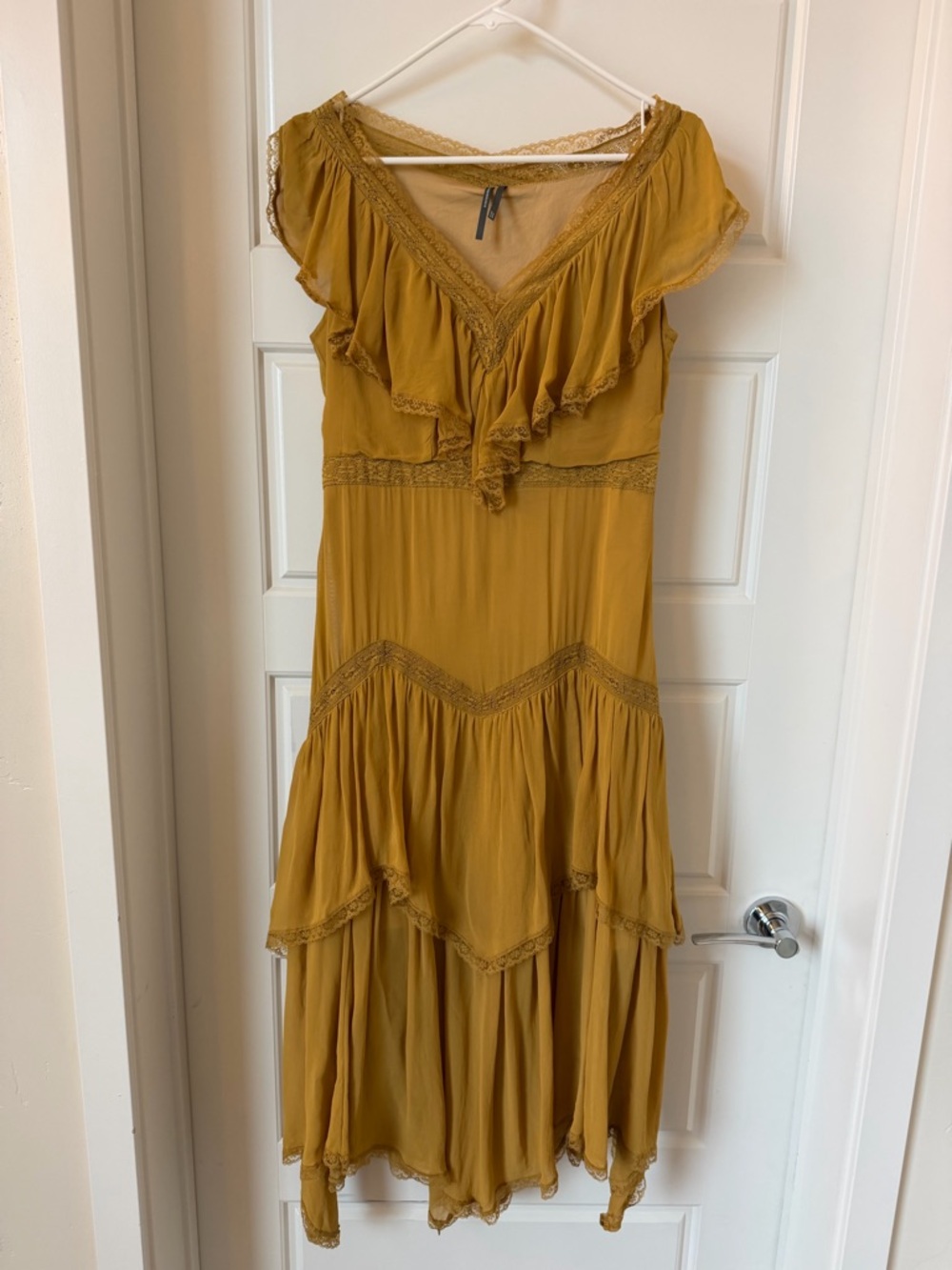 Anthropologie Golden Mustard Ruffle Lace Maxi Dress